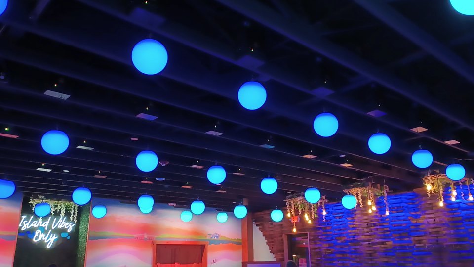 Casual seafood dining room with bar seating.